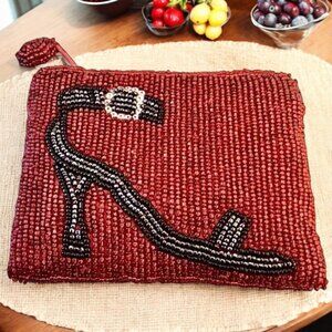 Red Beaded Coin Purse Zipper Closure FANCY SHOE